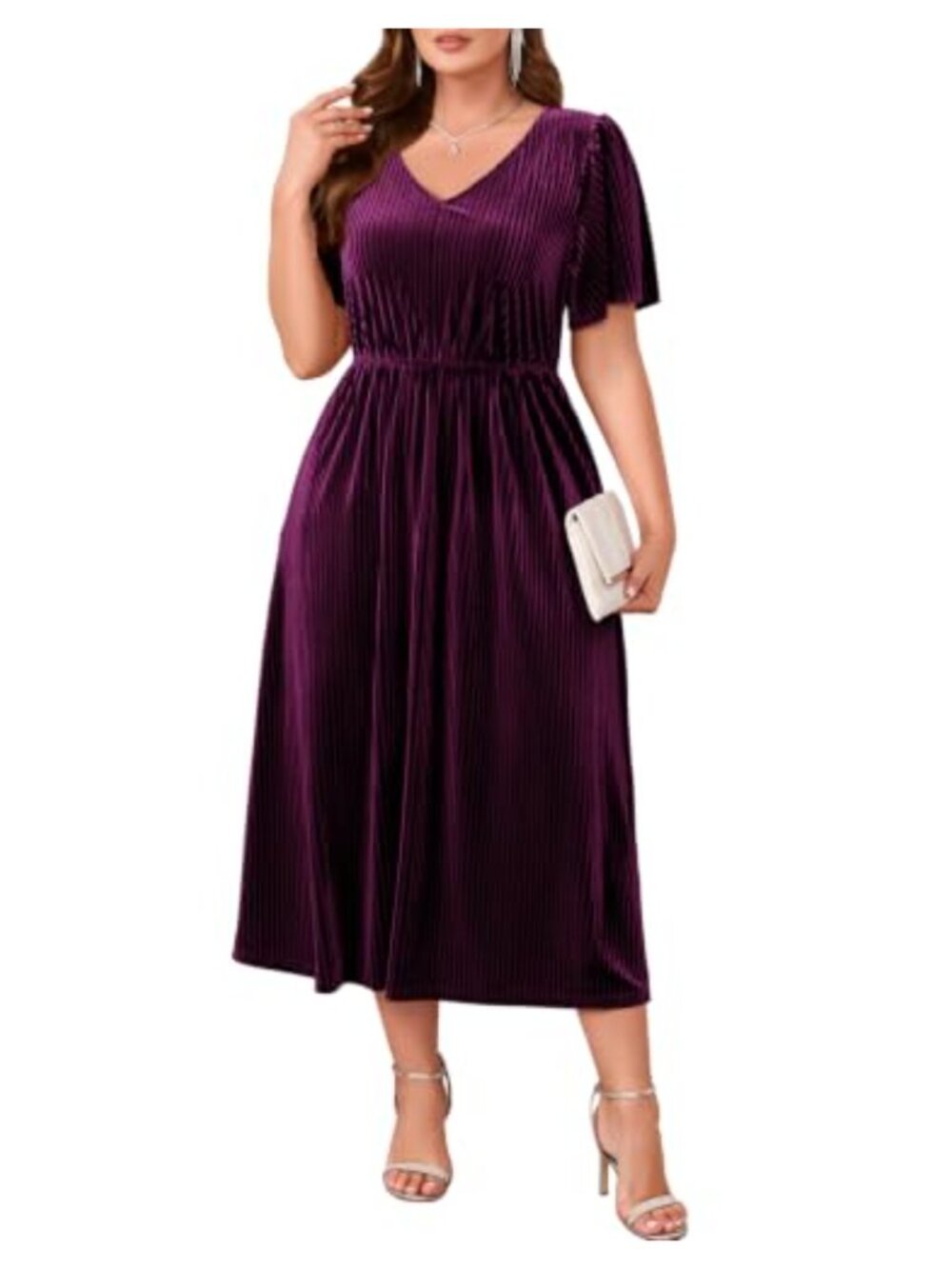 Plus Size Velvet Maxi Dress V Neck Short Sleeve Empire Waist Pockets Cocktail